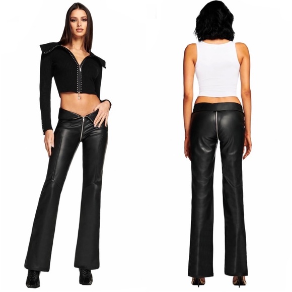 I.AM.GIA Pants - I.AM.GIA Roy Leather Flare Zipper Fold Pants Black XXS